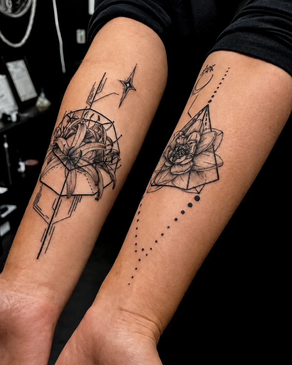 Geometric floral forearm tattoos