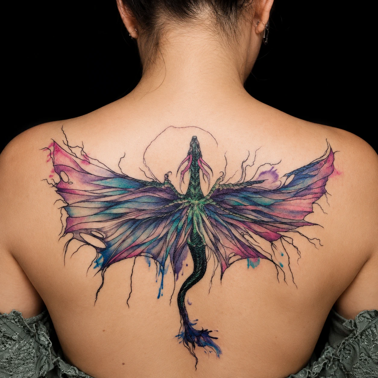 Watercolor dragon back tattoo