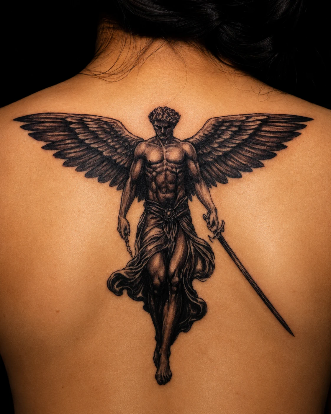 Winged angel back tattoo