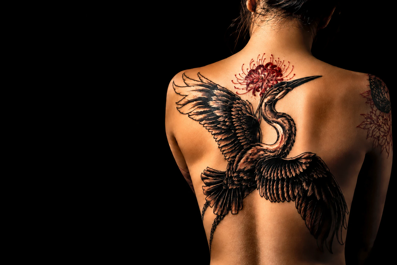 Large crane tattoo across a client's back