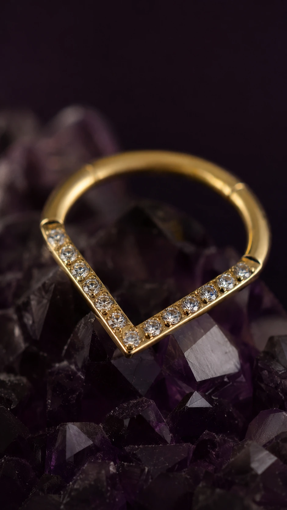 Gold V ring with crystal detailing