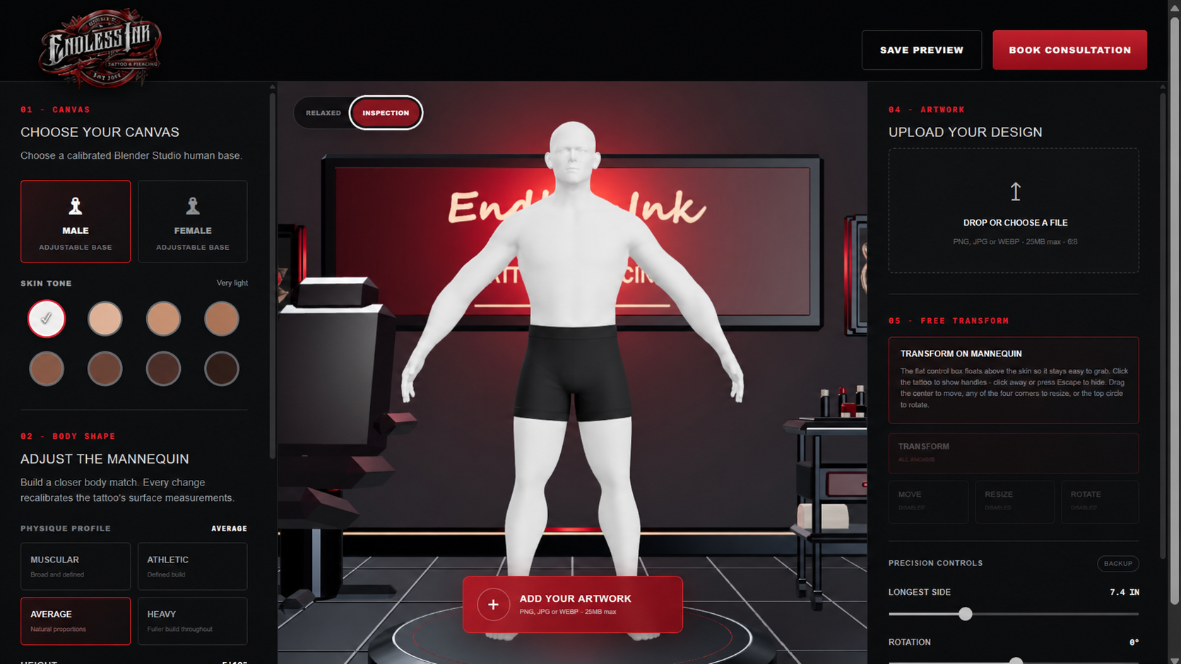 Live Endless Ink Placement Studio showing the 3D shop, mannequin controls and artwork upload tools