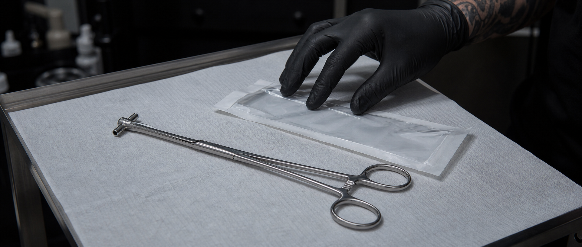 A stainless septum forceps with hollow receiving tubes prepared on a sterile studio workstation
