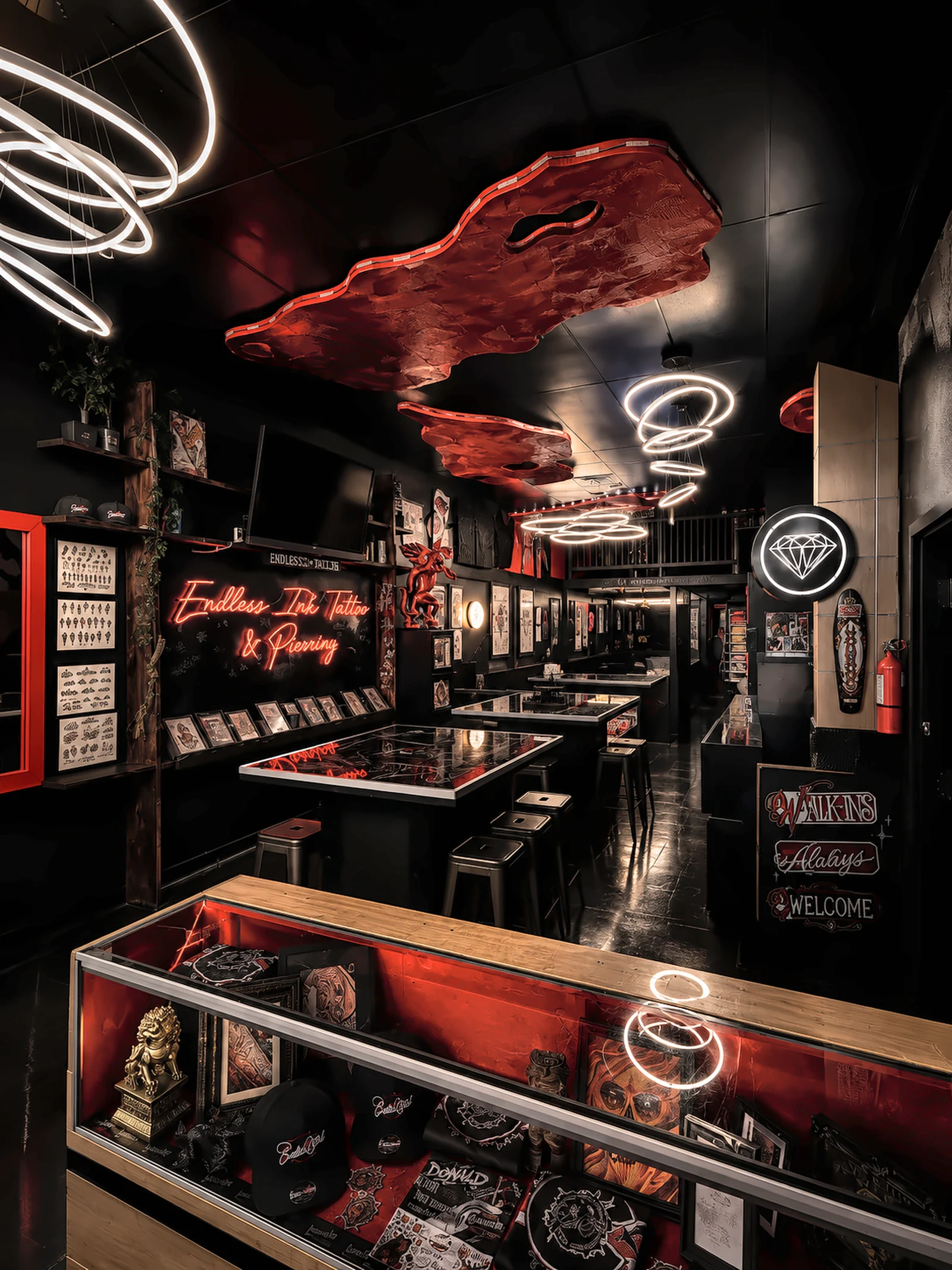 The black and red Endless Ink studio interior in Denver