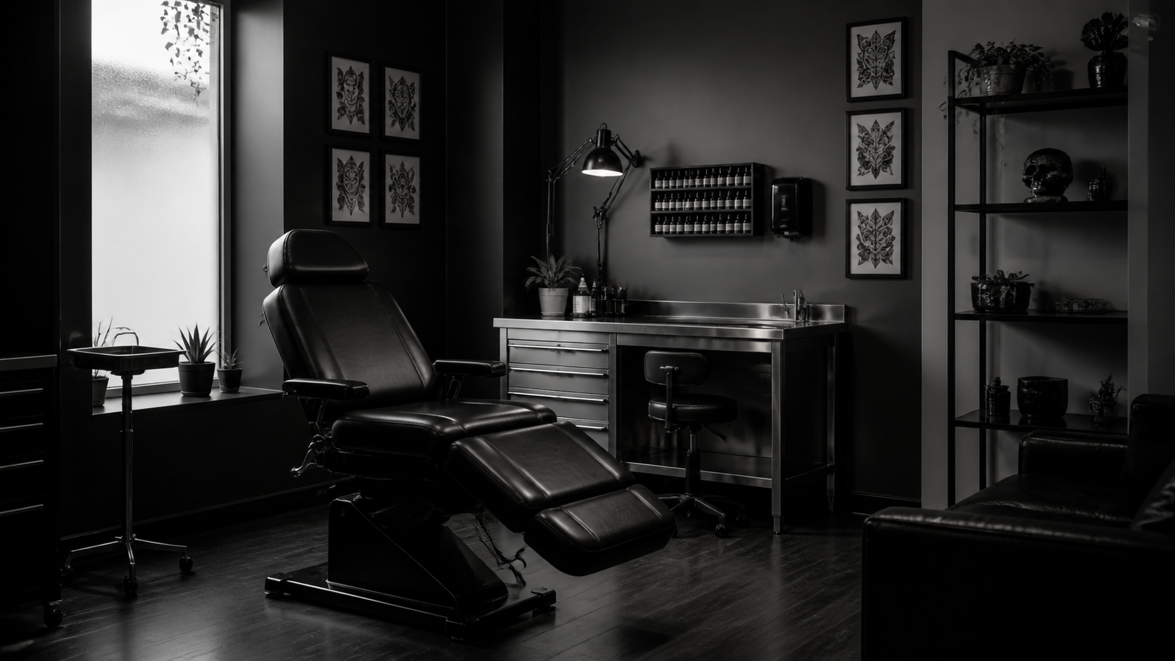 A clean, empty tattoo and piercing studio prepared for clients